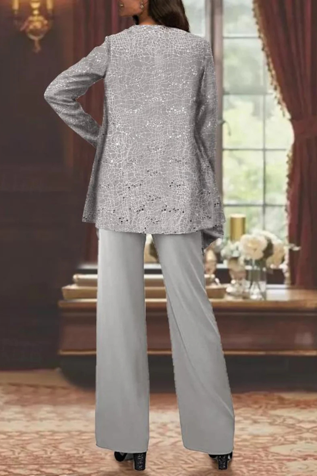 Mira Women’s Sequin Jacket Suit featuring elegant wide leg trousers and intricate lace detail, perfect for formal events and special occasions. 3