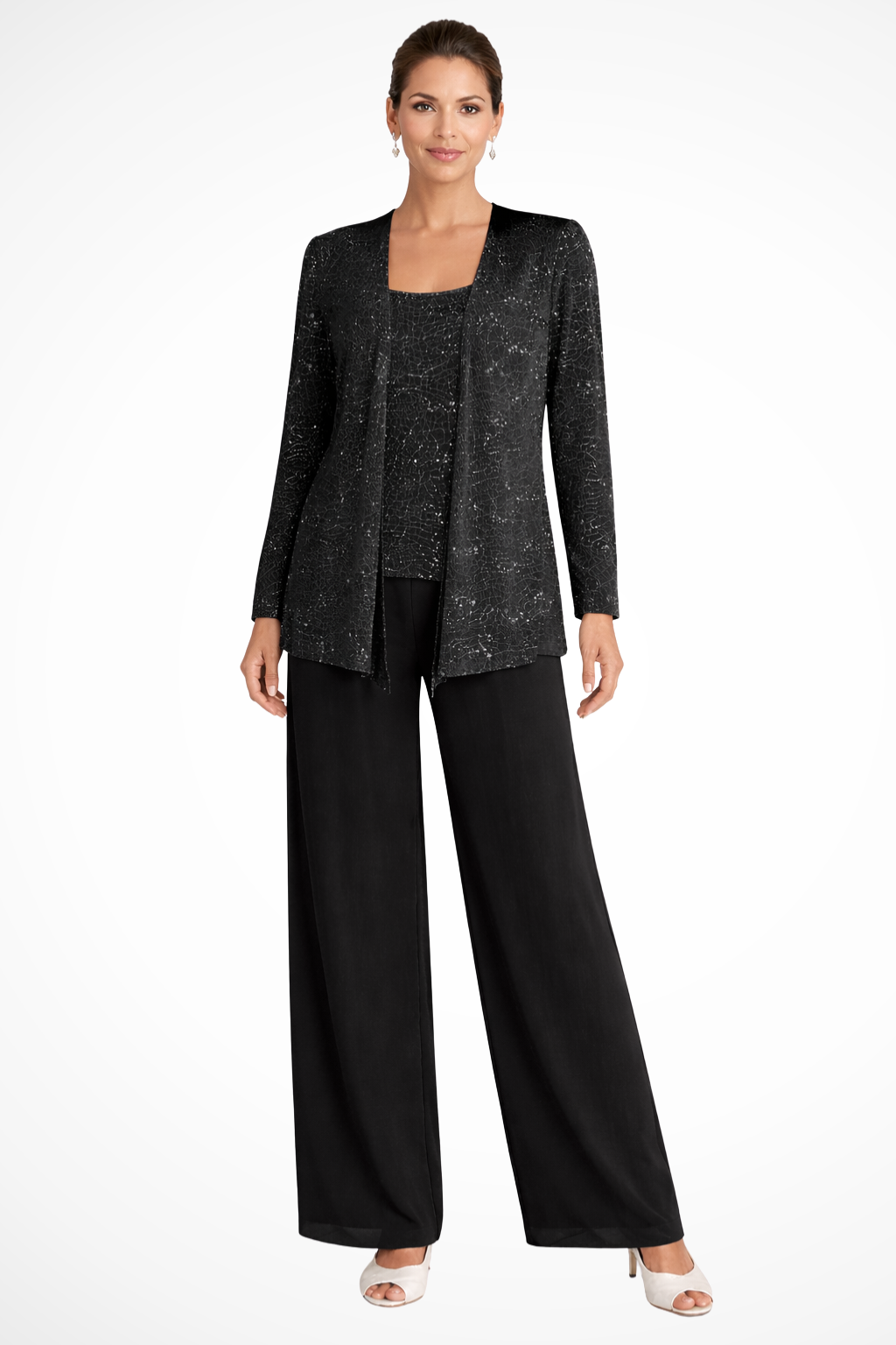 Mira Women’s Sequin Jacket Suit featuring elegant wide leg trousers and intricate lace detail, perfect for formal events and special occasions. 4