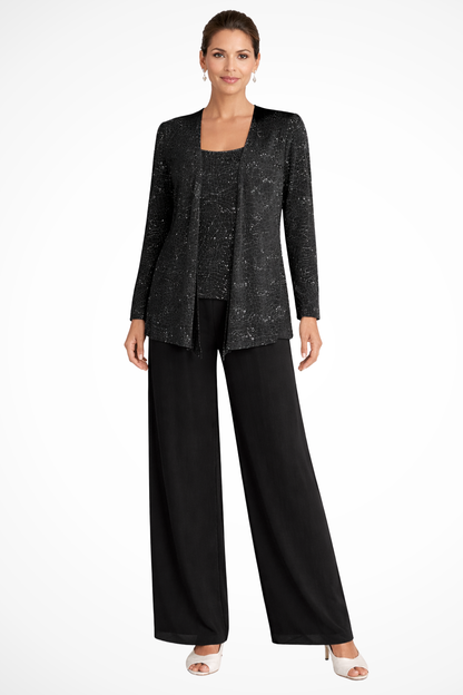 Mira Women’s Sequin Jacket Suit featuring elegant wide leg trousers and intricate lace detail, perfect for formal events and special occasions. 4