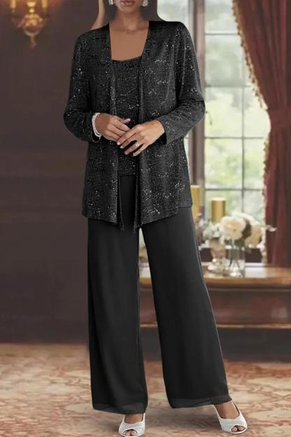 Mira Women’s Sequin Jacket Suit featuring elegant wide leg trousers and intricate lace detail, perfect for formal events and special occasions. 5