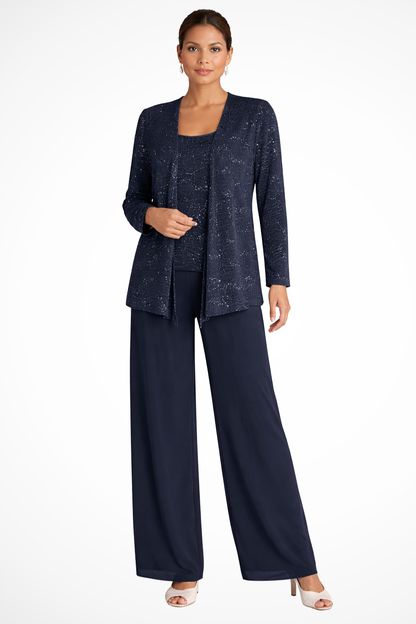 Mira Women’s Sequin Jacket Suit featuring elegant wide leg trousers and intricate lace detail, perfect for formal events and special occasions. 6