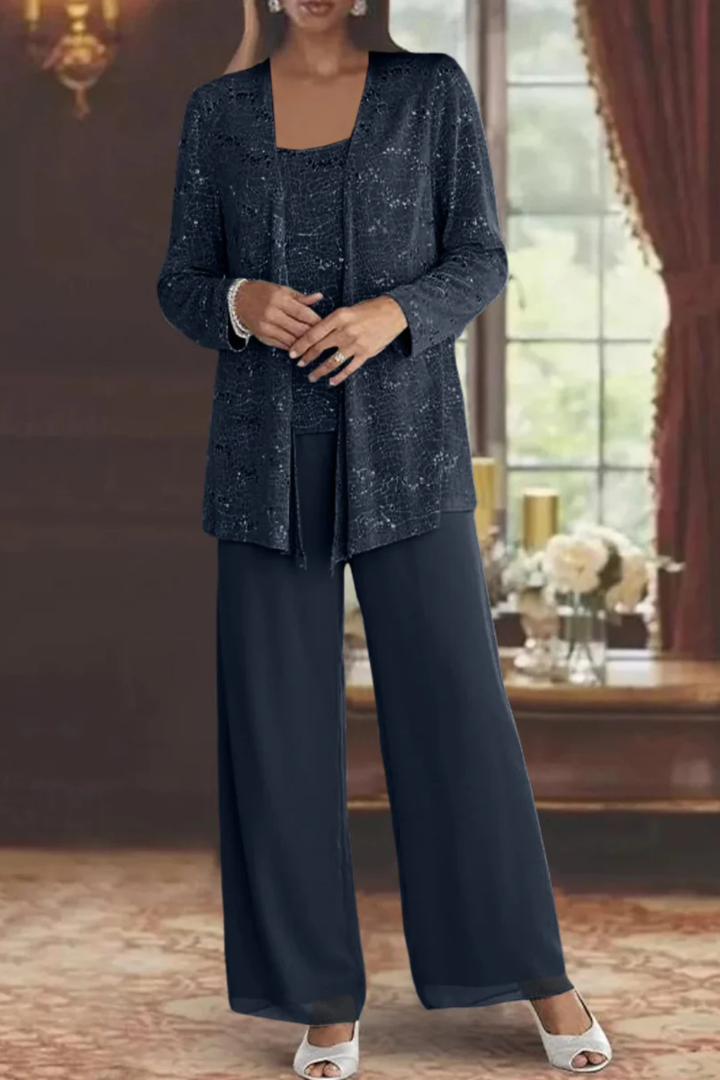 Mira Women’s Sequin Jacket Suit featuring elegant wide leg trousers and intricate lace detail, perfect for formal events and special occasions. 7