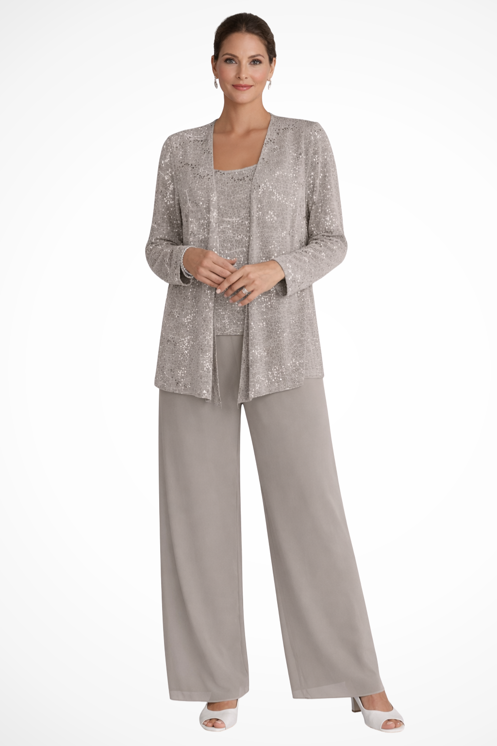 Mira Women’s Sequin Jacket Suit featuring elegant wide leg trousers and intricate lace detail, perfect for formal events and special occasions. 8