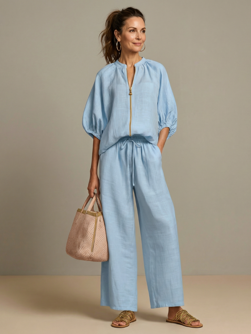 Nina Women’s Loungewear Set featuring a zip front blouson top and wide leg trousers in a comfortable and stylish design, perfect for 0