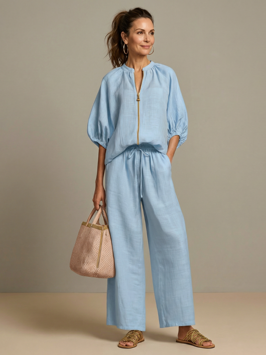 Nina Women’s Loungewear Set featuring a zip front blouson top and wide leg trousers in a comfortable and stylish design, perfect for 0
