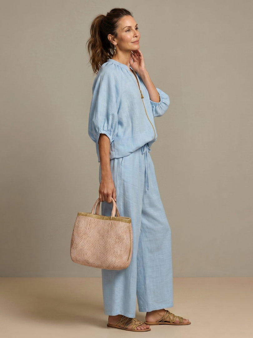 Nina Women’s Loungewear Set featuring a zip front blouson top and wide leg trousers in a comfortable and stylish design, perfect for 1