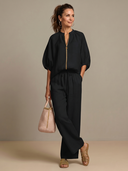 Nina Women’s Loungewear Set featuring a zip front blouson top and wide leg trousers in a comfortable and stylish design, perfect for 10