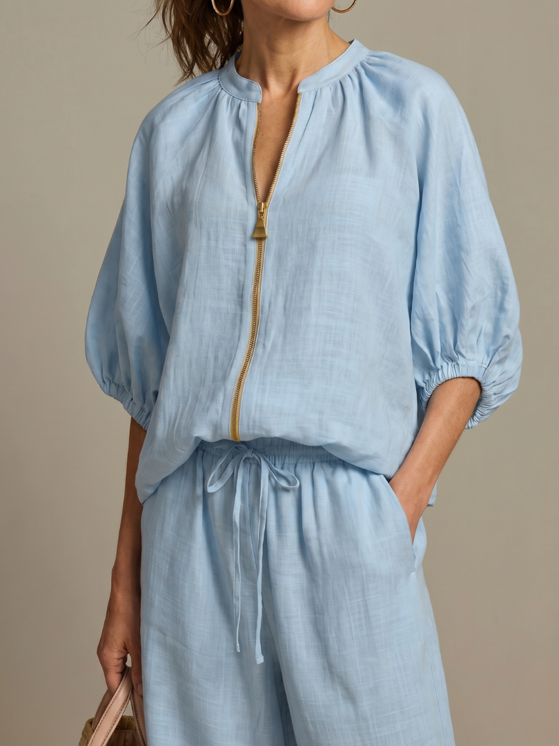 Nina Women’s Loungewear Set featuring a zip front blouson top and wide leg trousers in a comfortable and stylish design, perfect for 2