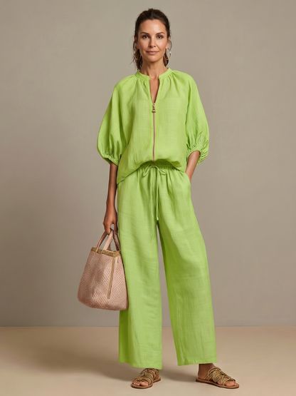 Nina Women’s Loungewear Set featuring a zip front blouson top and wide leg trousers in a comfortable and stylish design, perfect for 6