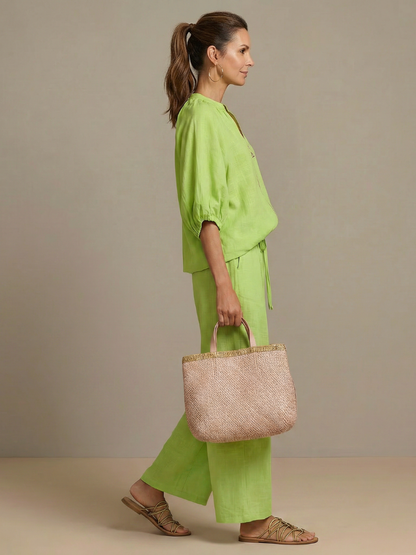 Nina Women’s Loungewear Set featuring a zip front blouson top and wide leg trousers in a comfortable and stylish design, perfect for 7