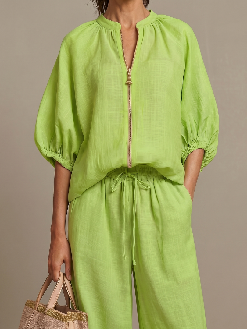 Nina Women’s Loungewear Set featuring a zip front blouson top and wide leg trousers in a comfortable and stylish design, perfect for 8