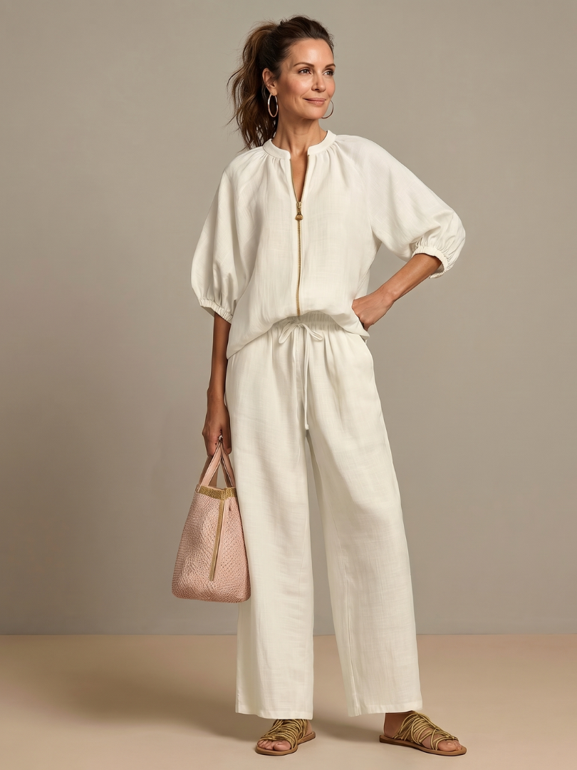 Nina Women’s Loungewear Set featuring a zip front blouson top and wide leg trousers in a comfortable and stylish design, perfect for 9