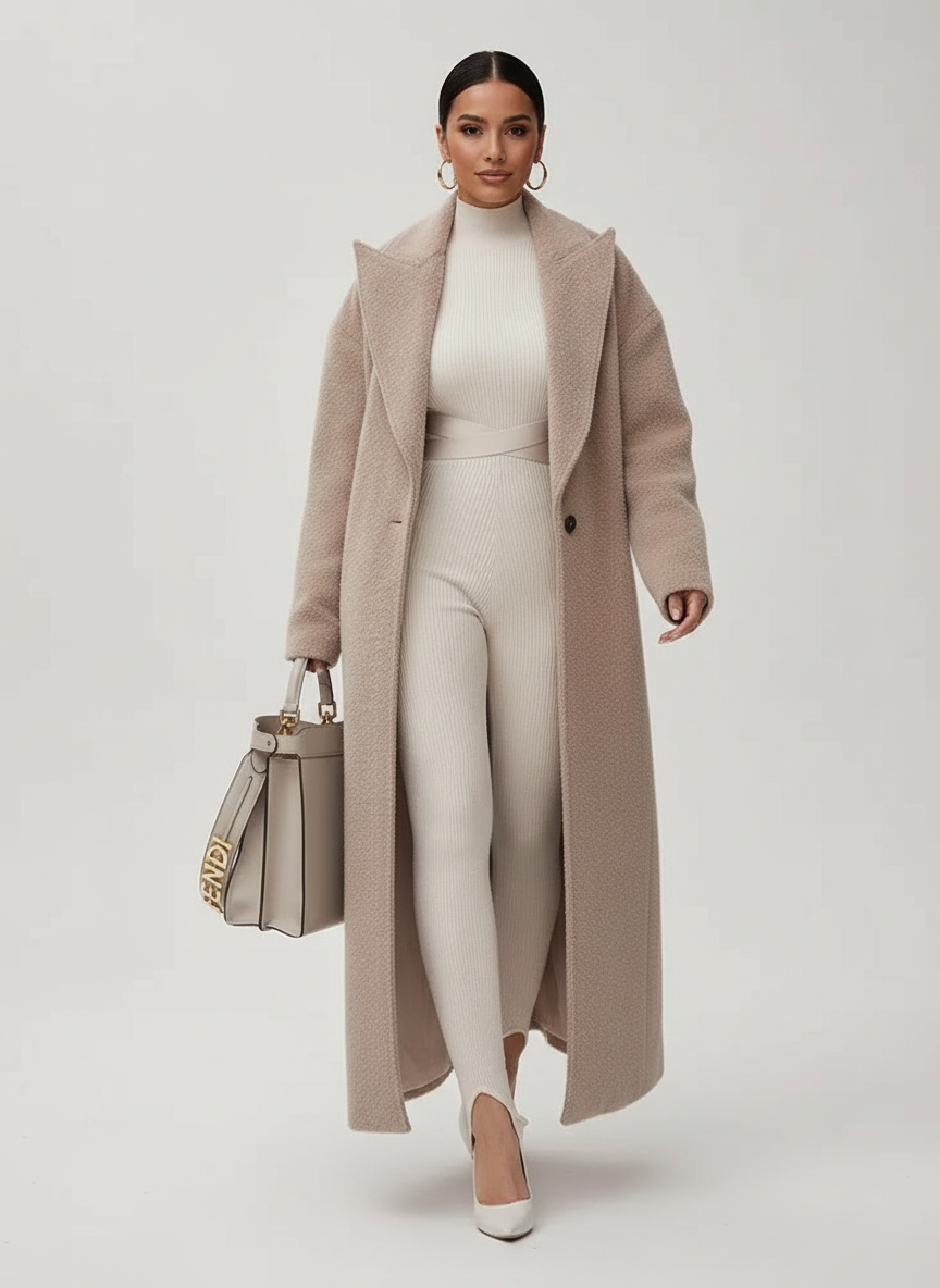 Novara Women’s Long Coat featuring an oversized soft structured fit, perfect for stylish warmth during colder seasons. 2