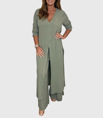Olive women’s loungewear set featuring wide-leg pants and a long blouse for comfortable and stylish relaxation. 1