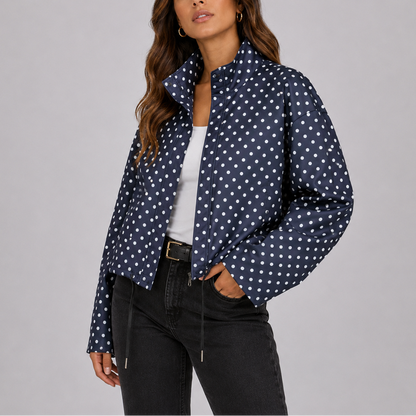 Lightweight Paula Women's Bomber Jacket in polka dot design, perfect for casual outings and trendy layering. 0