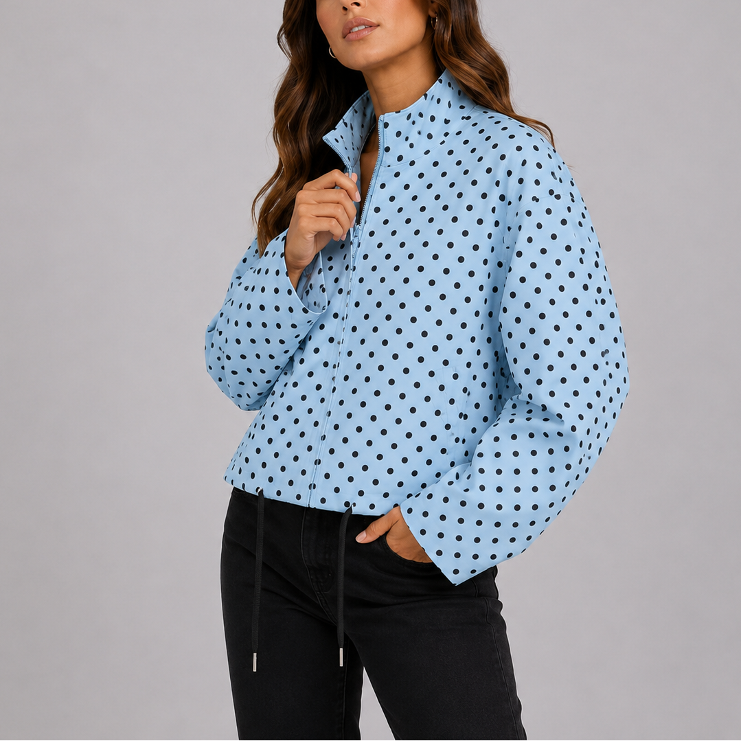 Lightweight Paula Women's Bomber Jacket in polka dot design, perfect for casual outings and trendy layering. 1