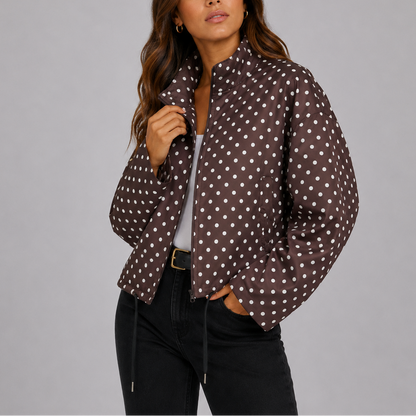 Lightweight Paula Women's Bomber Jacket in polka dot design, perfect for casual outings and trendy layering. 2