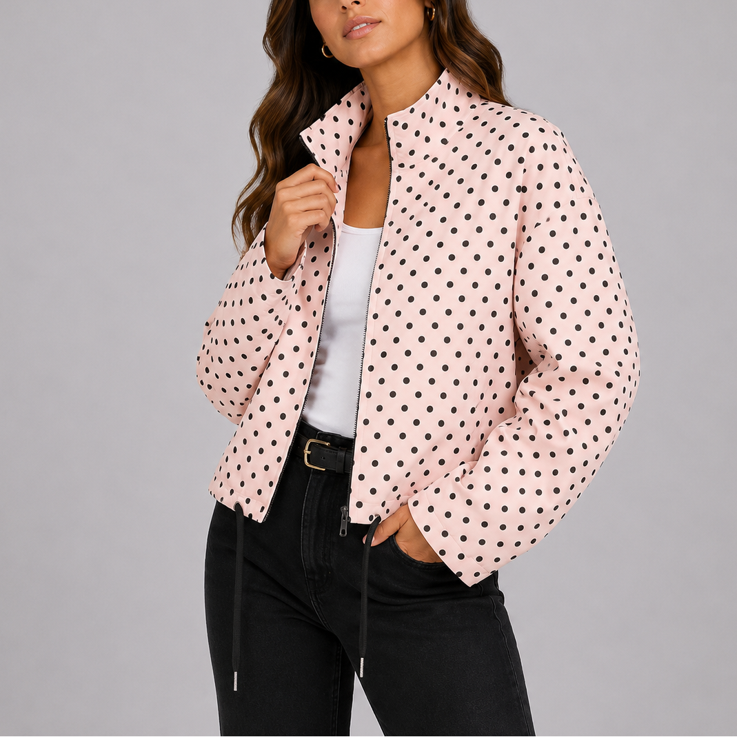 Lightweight Paula Women's Bomber Jacket in polka dot design, perfect for casual outings and trendy layering. 3