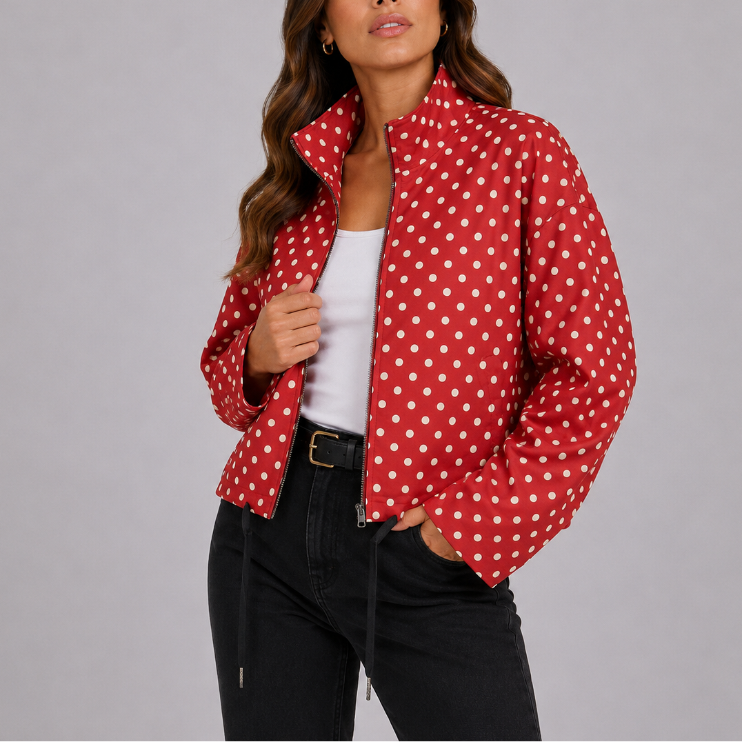 Lightweight Paula Women's Bomber Jacket in polka dot design, perfect for casual outings and trendy layering. 4