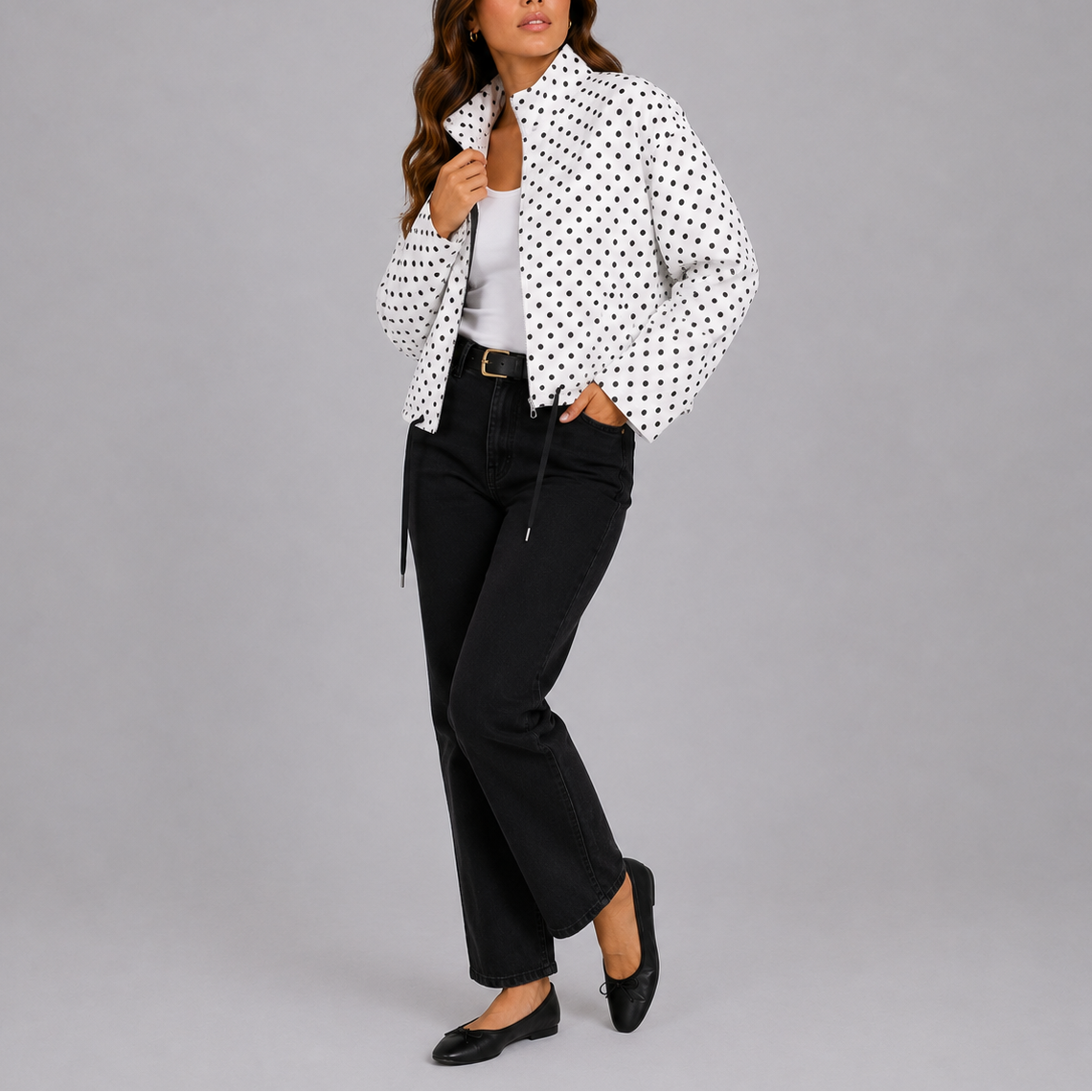 Lightweight Paula Women's Bomber Jacket in polka dot design, perfect for casual outings and trendy layering. 6