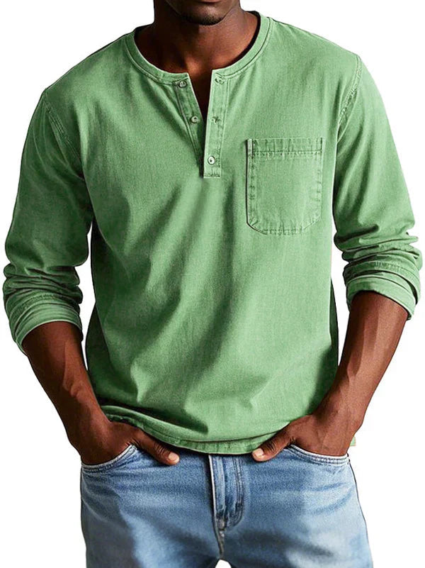 Pinnacle Men's Shirt featuring a classic Henley neckline and long sleeves, ideal for casual wear and versatile styling. 0