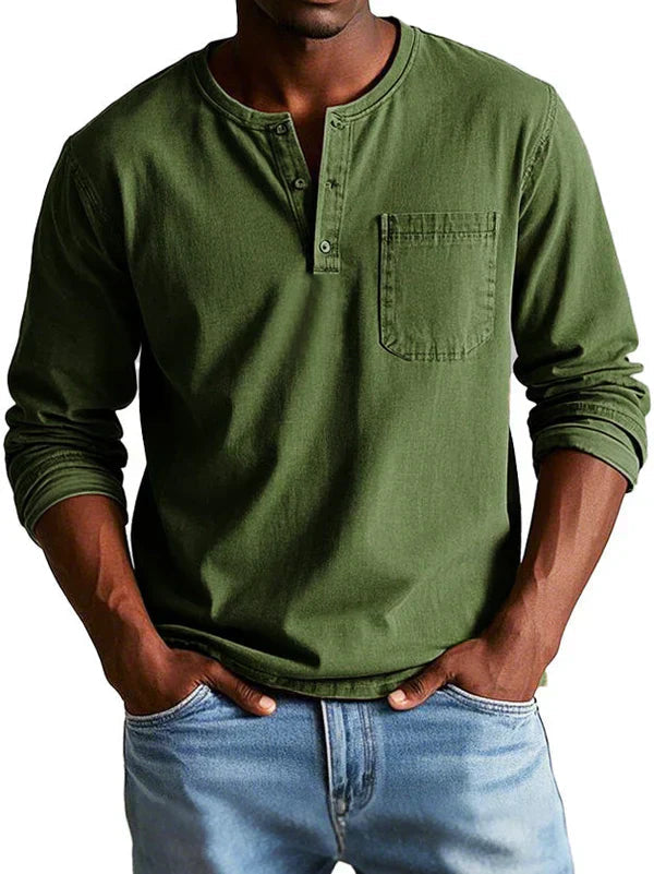 Pinnacle Men's Shirt featuring a classic Henley neckline and long sleeves, ideal for casual wear and versatile styling. 1