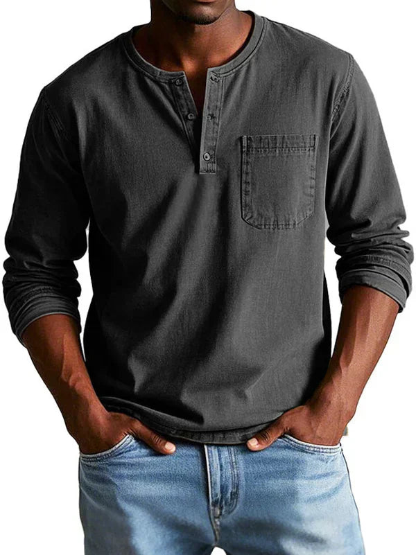 Pinnacle Men's Shirt featuring a classic Henley neckline and long sleeves, ideal for casual wear and versatile styling. 4