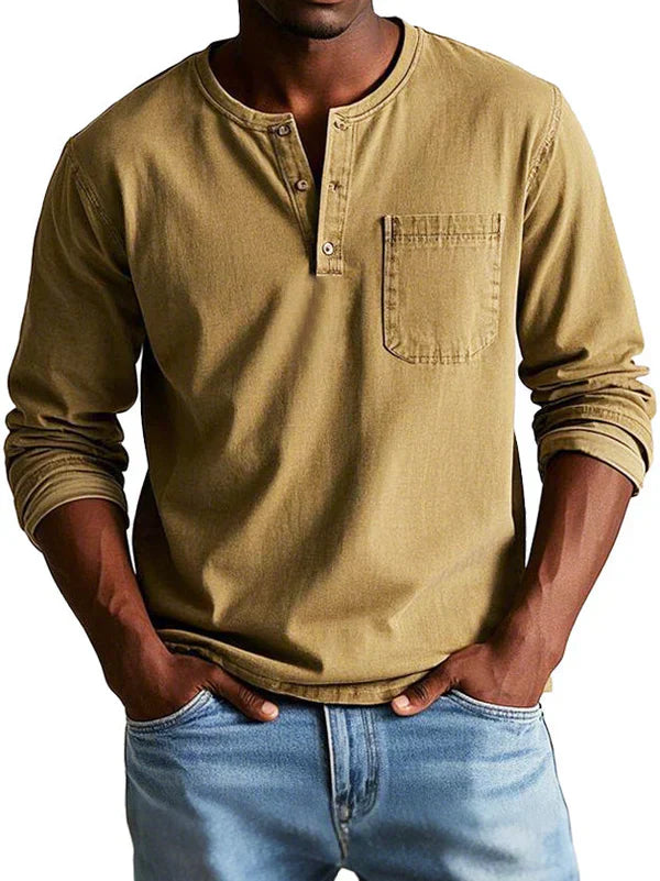 Pinnacle Men's Shirt featuring a classic Henley neckline and long sleeves, ideal for casual wear and versatile styling. 6