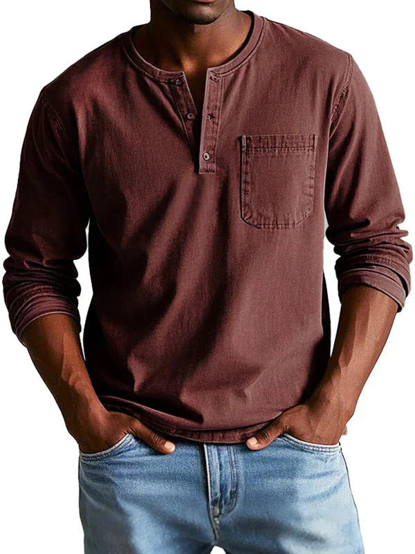 Pinnacle Men's Shirt featuring a classic Henley neckline and long sleeves, ideal for casual wear and versatile styling. 8