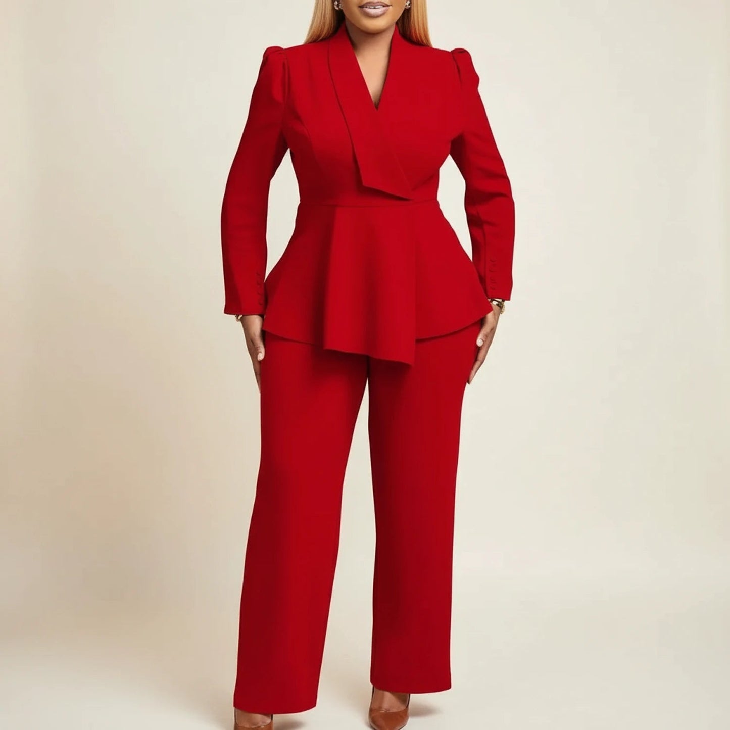 Stylish Pura women's suit featuring a chic peplum blazer and elegant wide-leg pants, perfect for professional and formal occasions. 1
