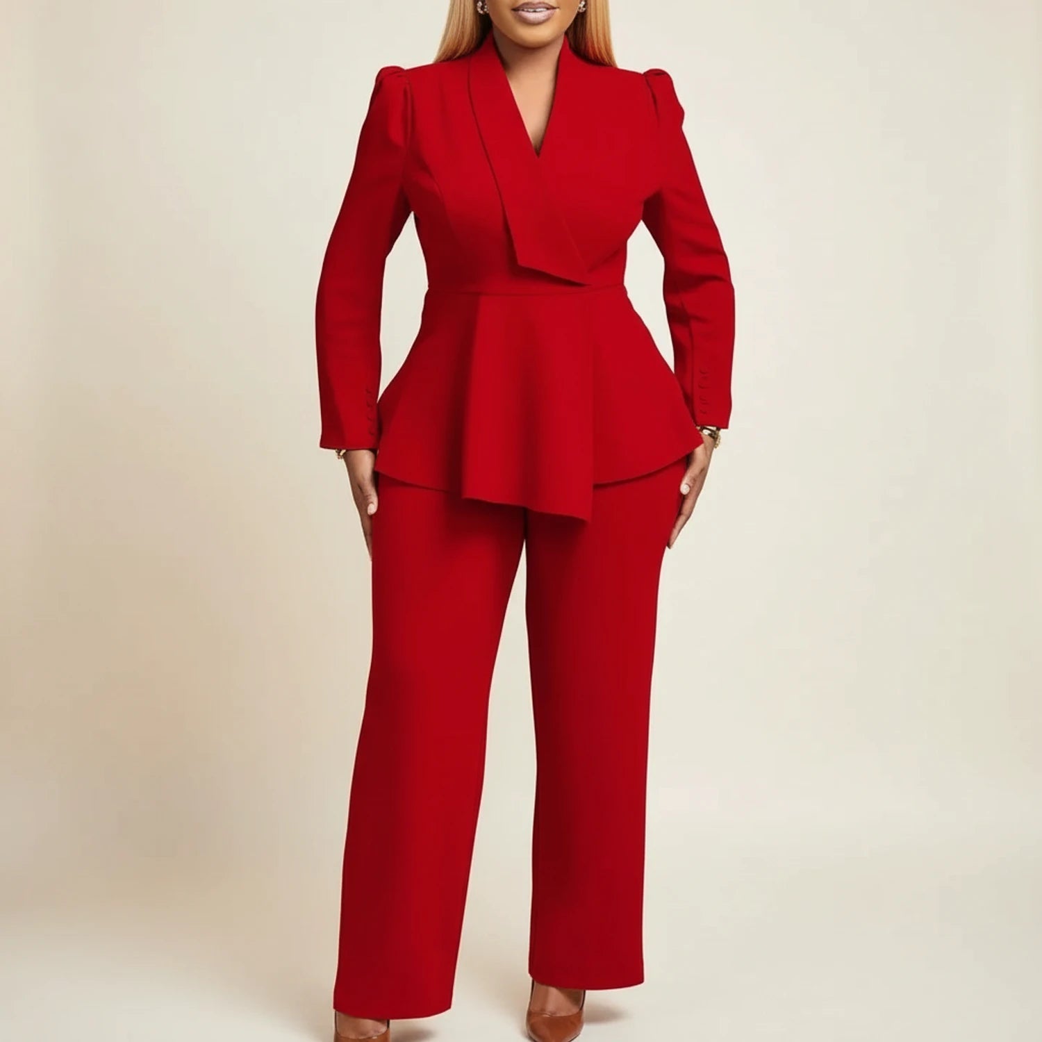 Stylish Pura women's suit featuring a chic peplum blazer and elegant wide-leg pants, perfect for professional and formal occasions. 1