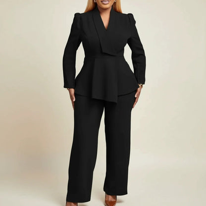 Stylish Pura women's suit featuring a chic peplum blazer and elegant wide-leg pants, perfect for professional and formal occasions. 3