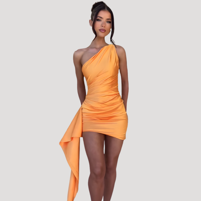 Raya Mini Dress for Women featuring a stylish one-shoulder design and flattering ruched detail, perfect for summer outings and special occasions. 7