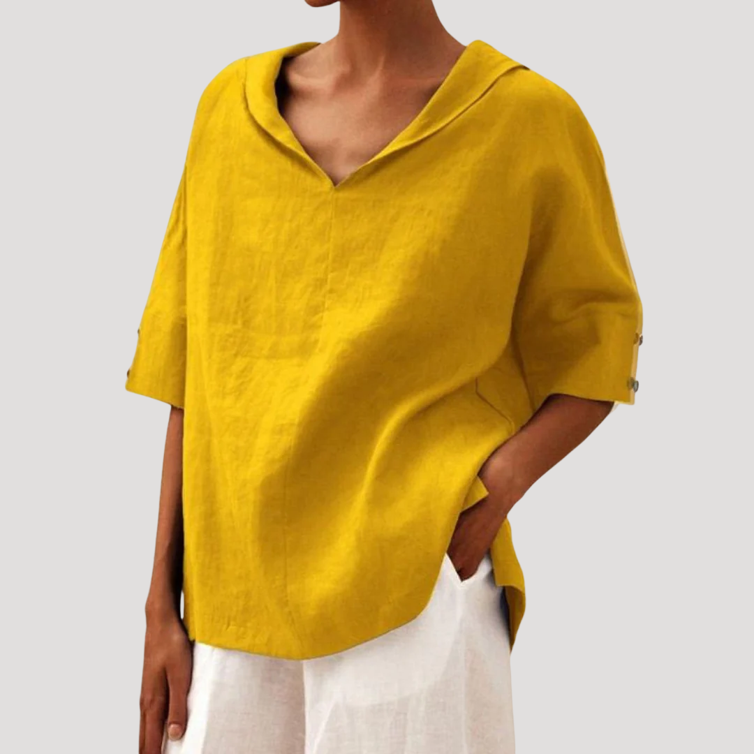 Rela Women's blouse featuring a stylish notch neckline and elegant three-quarter sleeves, perfect for casual and professional wear. 2