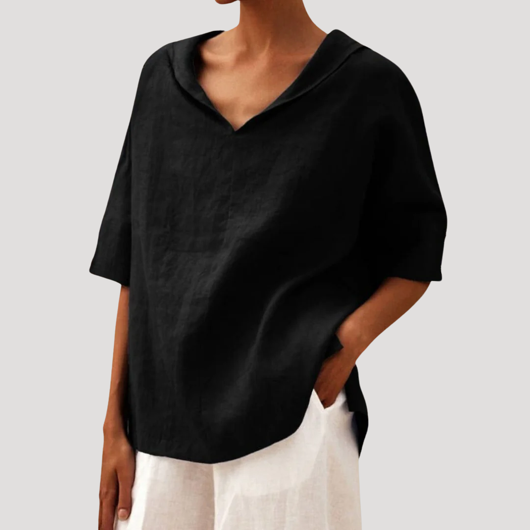 Rela Women's blouse featuring a stylish notch neckline and elegant three-quarter sleeves, perfect for casual and professional wear. 6