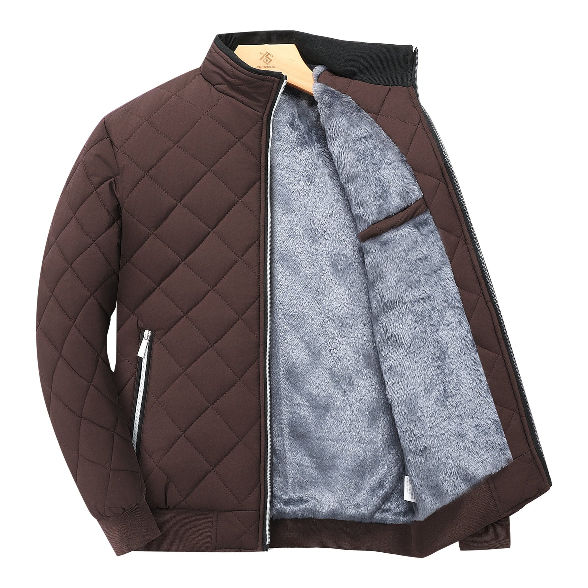Reuben Men's Quilted Bomber Jacket featuring warm plush lining and a classic design, perfect for stylish comfort in cold weather. 11