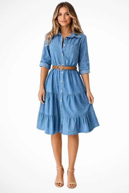 Riva Women’s Midi Dress featuring a stylish tiered skirt and adjustable belt, perfect for casual or formal occasions. 0