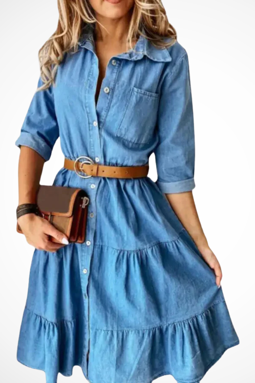 Riva Women’s Midi Dress featuring a stylish tiered skirt and adjustable belt, perfect for casual or formal occasions. 1