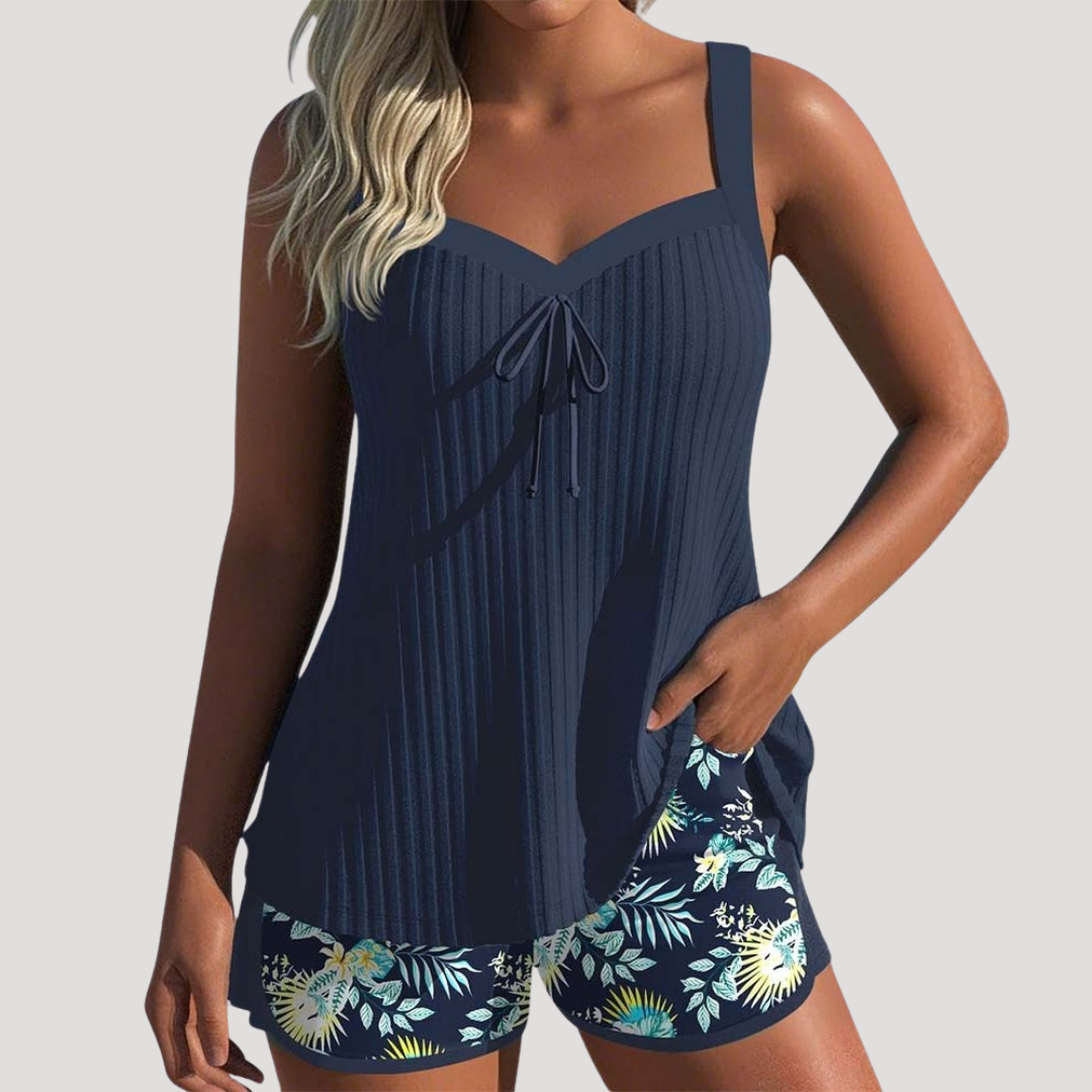 Riva Women’s Tankini Set featuring a flattering sweetheart neckline and stylish printed shorts, perfect for beach days and summer pool outings. 0