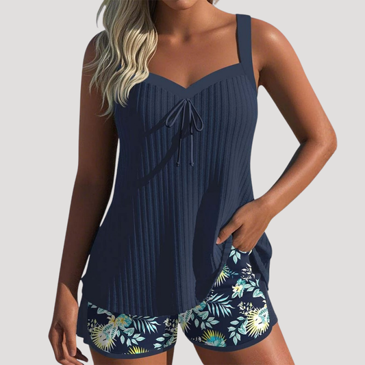 Riva Women’s Tankini Set featuring a flattering sweetheart neckline and stylish printed shorts, perfect for beach days and summer pool outings. 0