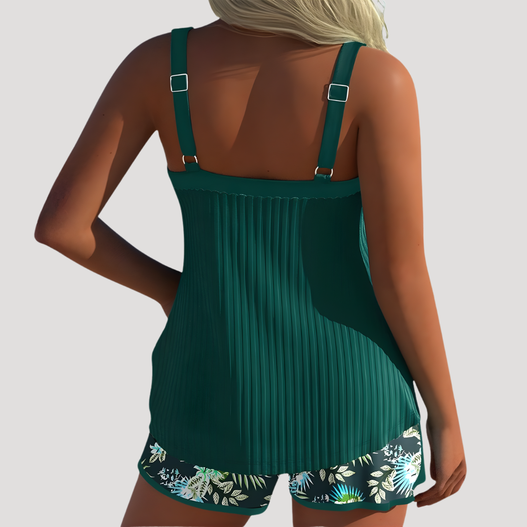 Riva Women’s Tankini Set featuring a flattering sweetheart neckline and stylish printed shorts, perfect for beach days and summer pool outings. 3