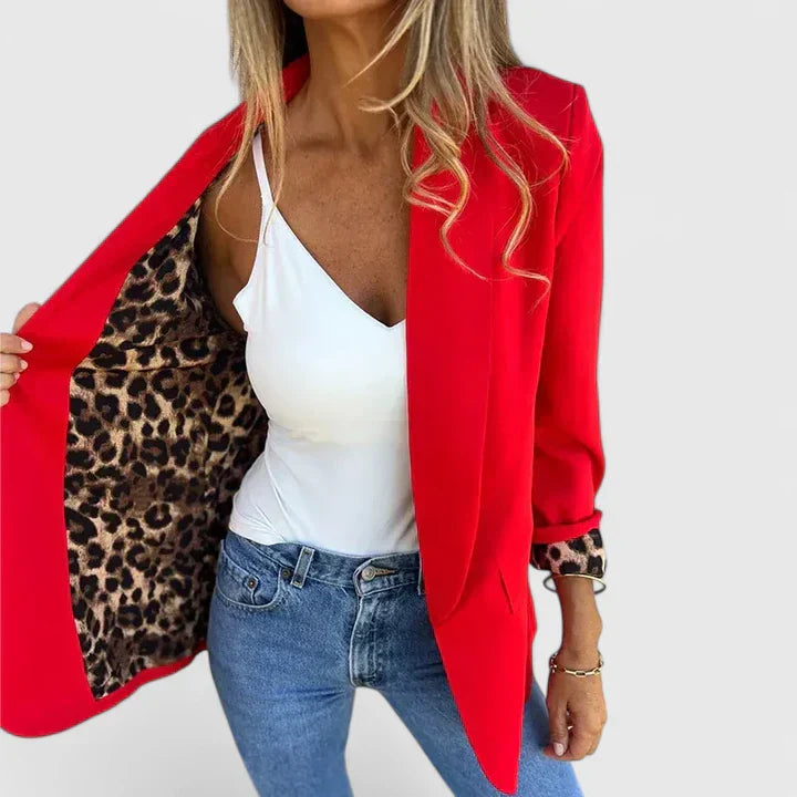 Rosavionne Women’s Blazer featuring a tailored silhouette and reversible leopard lining, perfect for stylish versatility and sophisticated fashion. 3