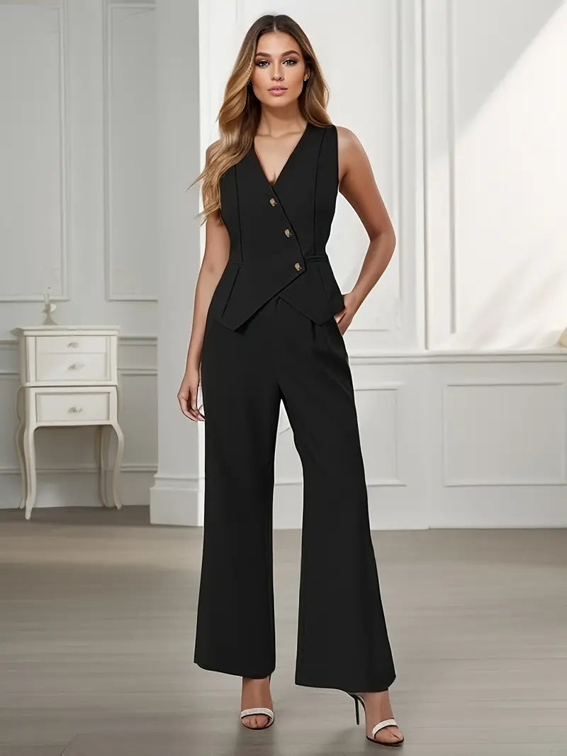 Rova Women’s Vest and Wide Leg Trousers Set featuring stylish button detail, perfect for chic casual wear and versatile outfits. 6