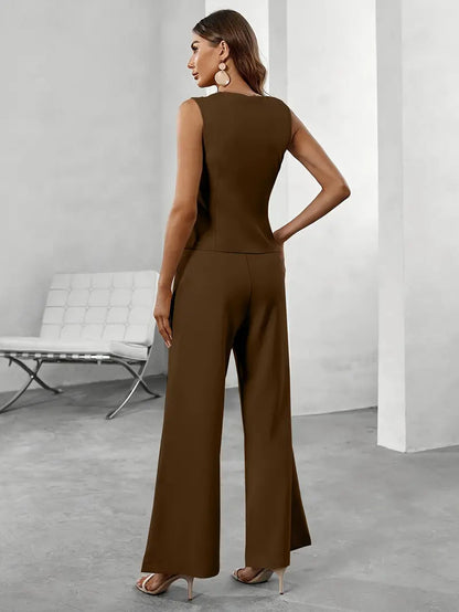 Rova Women’s Vest and Wide Leg Trousers Set featuring stylish button detail, perfect for chic casual wear and versatile outfits. 8