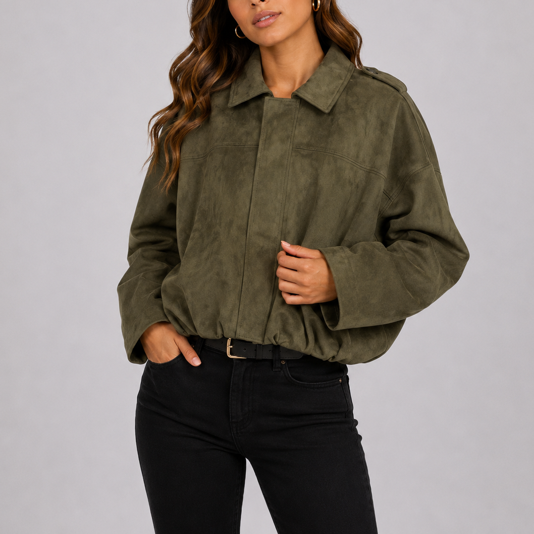 Sable Women's Bomber Jacket featuring an oversized suede look and relaxed fit, perfect for stylish layering in any season. 0