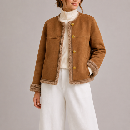 Sarina Women's Jacket featuring soft faux suede with cozy shearling trim, perfect for autumn layering and stylish warmth. 0