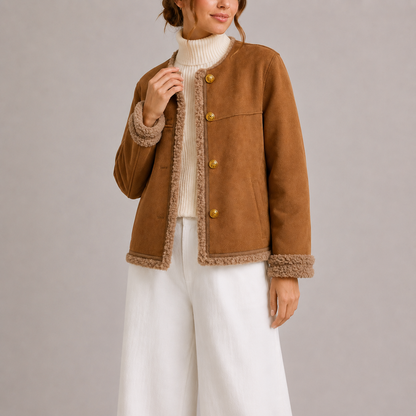 Sarina Women's Jacket featuring soft faux suede with cozy shearling trim, perfect for autumn layering and stylish warmth. 1