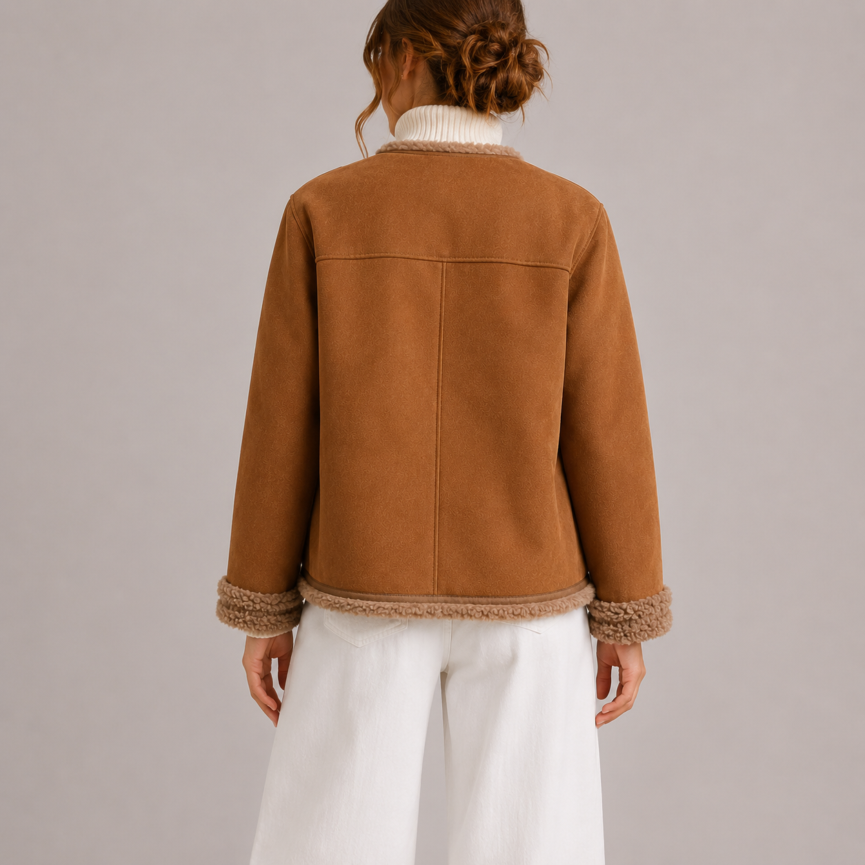 Sarina Women's Jacket featuring soft faux suede with cozy shearling trim, perfect for autumn layering and stylish warmth. 2