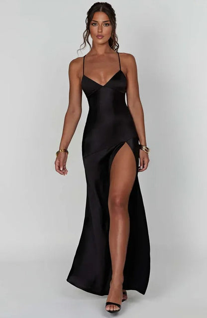 Elegant satin maxi dress for women featuring a flattering V-neckline and a high side slit, perfect for evening events and special occasions. 2