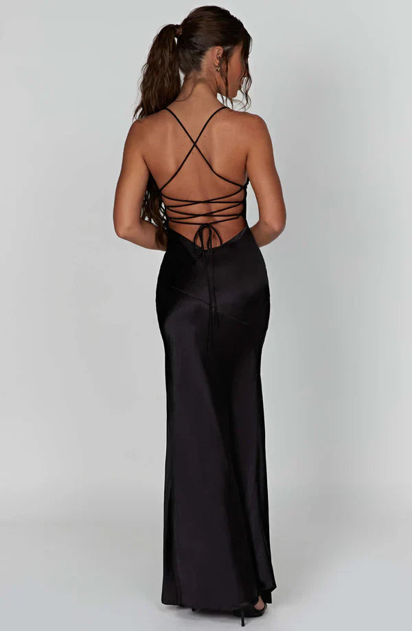 Elegant satin maxi dress for women featuring a flattering V-neckline and a high side slit, perfect for evening events and special occasions. 3